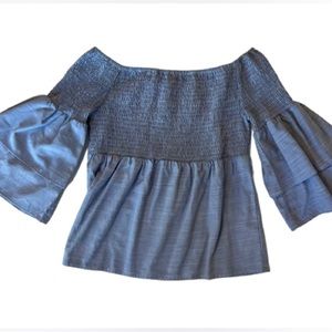 Honey Punch Off the Shoulder Ruffled Bell Sleeve  Smocked Ruched Blue Sz M